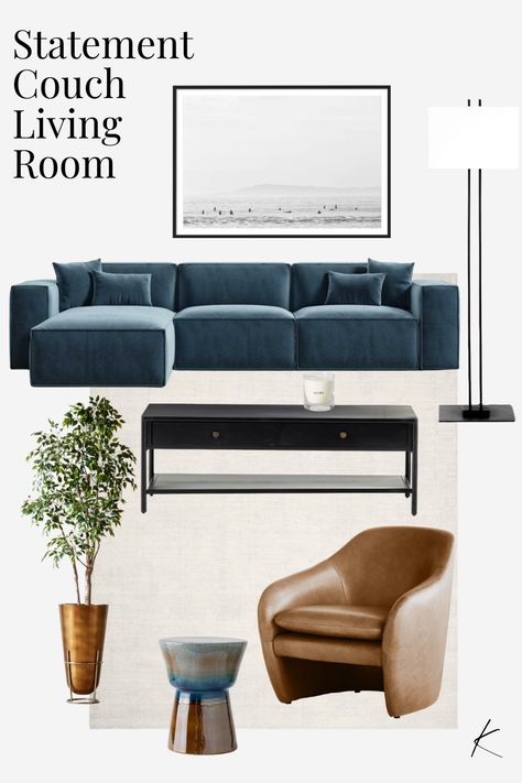 Navy Couch Green Walls, Statement Couch, Blue Couch Living, Mood Board Living Room, Blue Couch Living Room, Blue Couch, Couch Living Room, Blue Couches, Small Apartment Living Room