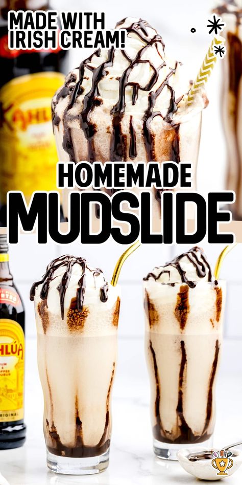 Indulge in a creamy Mudslide with vanilla and coffee ice cream, vodka, Irish cream, and Kahlua. Topped with whipped cream and chocolate drizzle. Baileys Whipped Cream, Mud Slide Drink Recipe, Mudslide Drink, Mud Slide, Mudslide Recipe, Kahlua And Cream, Ice Cream Cocktails, Espresso Martini Recipe, Creamy Cocktails