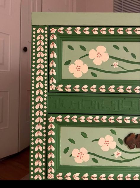 Dresser Wallpaper Drawers, Whimsical Dresser Makeover, Mural On Dresser, Hand Painted Floral Furniture, Folk Furniture Painting, Cottagecore Painted Furniture, Folk Art Painted Door, Floral Painted Dresser, Hand Painted Shelves