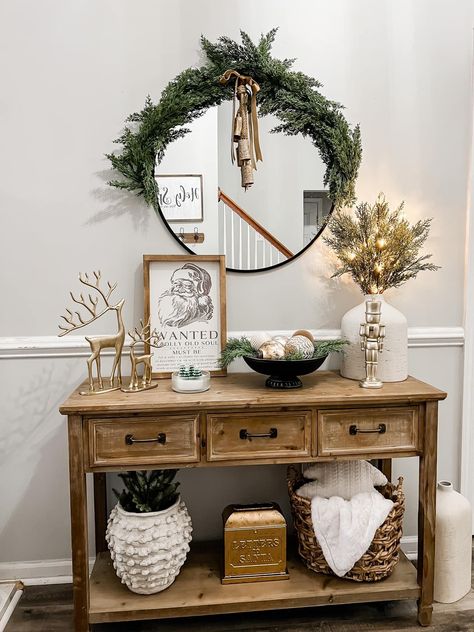 Neutral Christmas Decor Entryway, Simple Entryway Christmas Decor, Neutral Christmas Decor Ideas Diy, Mud Room Christmas Decor, Small Console Table Christmas Decorating Ideas, Buffet Table Decor Christmas, Front Table Christmas Decor, Holiday Sideboard Decor, Christmas Decor Ideas Side Table