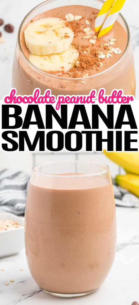 Make this deliciously simple and tummy-filling to-go Chocolate Peanut Butter Banana Smoothie your new go-to breakfast! #RealHousemoms #chocolate #peanutbutter #banana #smoothie #drink #breakfast #healthy Choc Peanut Butter Smoothie, Peanut Butter Banana Chocolate Smoothie, Banana Chocolate Smoothie, Chocolate Peanut Butter Banana Smoothie, Smoothie Without Banana, Chocolate Banana Smoothie, Chocolate Peanut Butter Smoothie, Peanut Butter Banana Smoothie, Banana Drinks