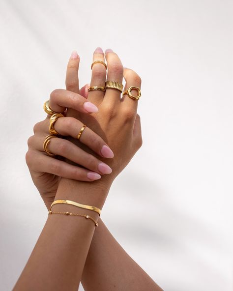 Would you wear this ring stack? #ringstack #ringinspiration #aestheticrings Hand Poses For Rings, Rings Hand Aesthetic, Finger Ring Photography Ideas, Professional Jewelry Photography, Branding Photoshoot Jewelry, Jewelry Model Poses Rings, Rings Photoshoot Ideas, Gold Stacked Midi Rings Minimalist Style, Rings Photography Ideas