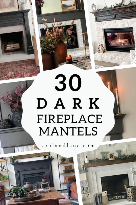 Embrace the bold beauty of dark fireplace mantels, designed to infuse your space with a statement of sophistication and drama. These mantels, with their deep shades and striking presence, become the centerpiece of any room, offering a dramatic backdrop for the dancing flames. Whether paired with minimalist decor for a modern look or ornate accessories for a more traditional vibe, dark mantels provide a versatile foundation for your decorating style. Ideal for those looking to add an element of g Black Fireplace Mantel Paint, Moody Mantle, Black Fireplace Mantel Decor, Dark Fireplace Mantle, Dark Fireplace Wall, Black Fireplace Mantel, Dark Fireplace, Black Mantle Fireplace, Black Fireplace Surround