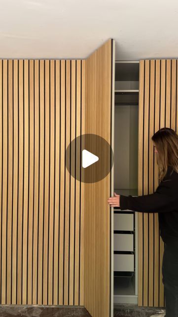 Michaela Shoebridge on Instagram: "ad WARDROBES REVEAL 💪🏼💪🏼💪🏼 what do you think ? 
To create the hidden wardrobe design, I used these stunning Luxe Natural Oak Wood Wall Panels from @thewoodveneerhub . I love the final look so much, do you? The best part is that these panels can be easily removed if needs be; not that I will be doing that anytime soon as im absolutely over the moon with how this makeover has turned out. 🥰 I can’t believe how easy it was to work with these panels, they can be easily trimmed or cut to size. 

I will share a full tutorial next, let me know what questions you have. But I need your help… what handles should I add next? 

#hiddenwardrobe #thewoodveneerhub #woodwallpanels #wardrobemakeover #wardrobedesign #bedroominspo" Panelling On Wardrobe Doors, Diy Wardrobe Cabinet With Doors, Woodpanel Makeover Diy, Diy Wall Wood Panel, Wardrobe Diy Makeover, Diy Wardrobe Doors, Full Wall Wardrobe, Hidden Storage Wall, Hidden Wardrobe