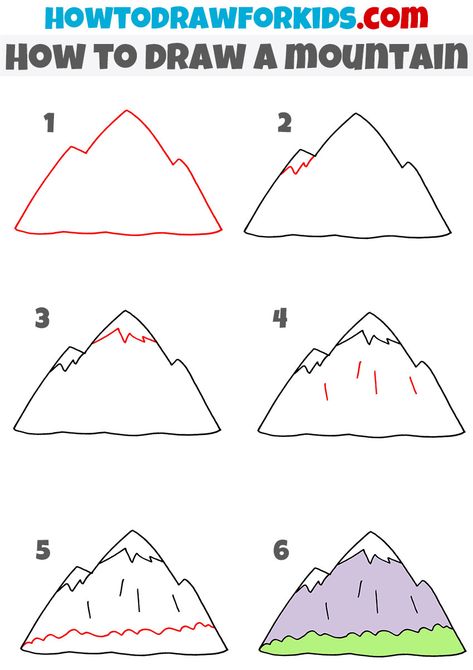 Easy Mountain Drawing Simple, How To Draw A Mountain, Mountain Drawing Simple, Draw A Mountain, How To Draw Mountains, Directed Drawing Kindergarten, Landscape Drawing Tutorial, Third Grade Art, Cartoon Style Drawing