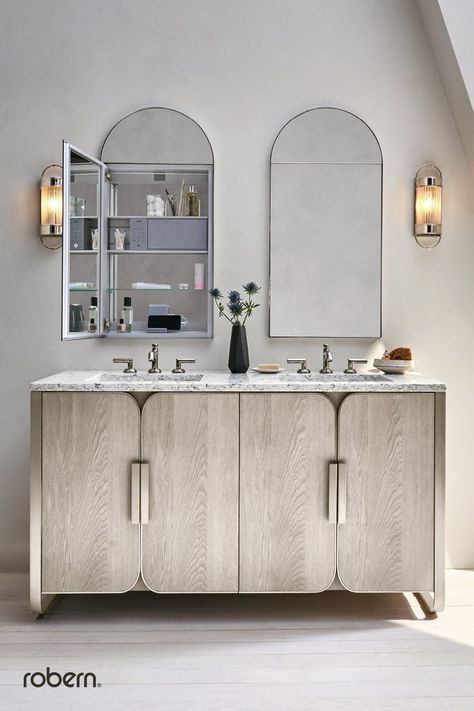 Inspired by the classic arch, the Murray Hill Collection captivates by creating an inviting sense of openness and dramatic impact. Isn’t it time you experienced a Robern?

#robern
#bathroomdesign
#interiordesign
#medicinecabinets Kitchen Smart Storage, Spa Vibes, Cantilever Shelf, Farmhouse Bathroom Decor Ideas, Fisher Island, Grove Street, Recessed Medicine Cabinet, Linen Cabinets, Vanity Design