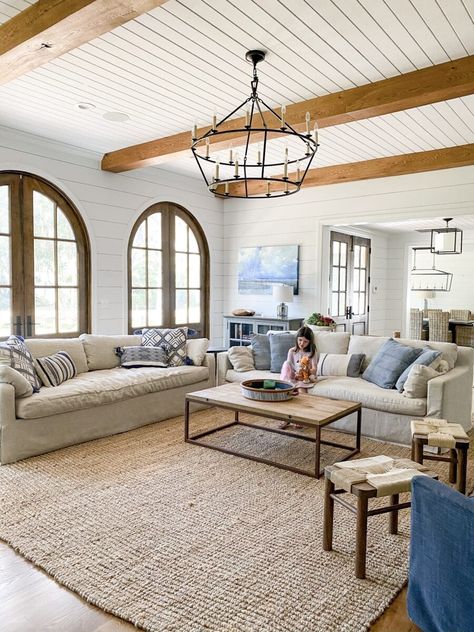 Sea Island Coastal House Tour - Bless'er House Shiplap Cottage Living Room, All Wood Ceiling, Wooden Beam Ceiling Living Room, Wooden Ceiling Design For Living Room, Beam And Shiplap Ceiling, Beadboard Ceiling With Wood Beams, Beadboard Ceilings With Beams, Coastal Ceiling Design, Coastal Ceiling Beams