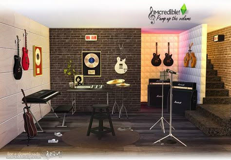 Sims 4 CC's - The Best: Pump Up The Volume Music Room Set by SIMcredible! Casa Rock, Sims 4 Room, Rock Room, Sims 4 Blog, Pump Up The Volume, Sims 4 Decor, Sims 4 Studio, Sims 4 Bedroom, The Sims 4 Packs