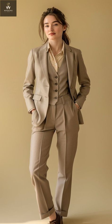 Tan Suits For Women, Dapper Style Women, Women’s Suits, Suit Women Wedding, Tailored Suit Women, Beige Suits Wedding, Women Wedding Suit, Feminine Suit, Grad Fits