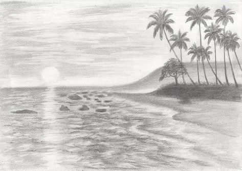 Beach Sunset Images, Sunrise Drawing, Water Sketch, Beach Sketches, Drawing Beach, Drawing Sunset, Sunset Illustration, Landscape Pencil Drawings, Ocean Drawing