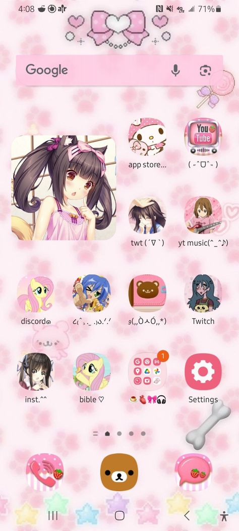 Cutecore Phone Layout, Kawaii Phone Layout, Cutecore App Icons, Kawaii Phone Theme, Anime Homescreen Layout, Cutecore Homescreen, Kawaii Layout, Cute Home Screens, Walpaper Hello Kitty