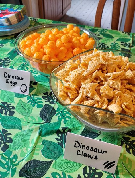 How to Throw a Roaring Three Rex Birthday Party on a Budget - Beautifully Busy Mom Snacks For Dinosaur Birthday Party, Jurrasic Park 2nd Birthday Party, 3 Rex Bday Party, Three Rex Birthday Party Centerpieces, Three Rex Birthday Food, Dino Birthday Snacks, Three Saurus Party, T Rex 3rd Birthday, 3 Rex Birthday Photoshoot