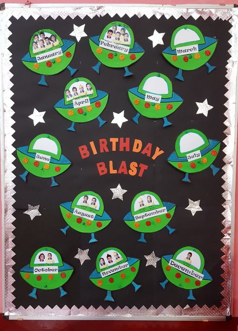 Birthday board Birthday Celebrants Bulletin Board, Birthday Chart Space Theme, Space Birthday Board Classroom, Attendance Chart Ideas For Kindergarten, Attendance Decoration Ideas, Birthday Chart Ideas Creative, Bday Chart For Classroom, Birthday Classroom Board, Birthday Chart Ideas For Classroom