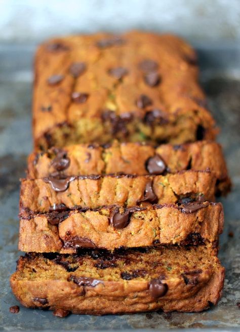 Pumpkin Zucchini Chocolate Chip Bread! Super moist, low-fat and healthy made with zero butter! Zucchini Chocolate Chip Bread, Pumpkin Zucchini Bread, Pumpkin Zucchini, Zucchini Chocolate, Chocolate Chip Bread, Ambitious Kitchen, Sweet Breads, Healthy Pumpkin, Zucchini Bread