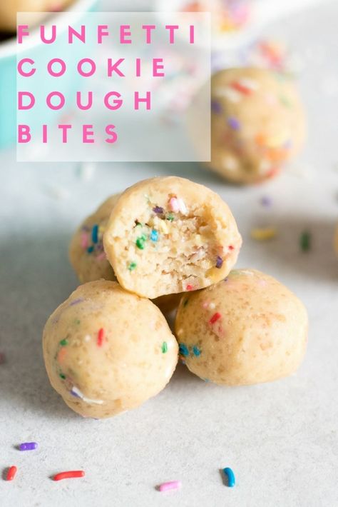 Funfetti Cookie Dough Bites. Eggless sugar cookie dough packed with rainbow sprinkles. Cookie dough you can eat straight from the bowl! #cookiedough #funfetti #funfetticookies #sprinkles #nobake #simplerecipe Funfetti Cookie Dough, Edible Sugar Cookie Dough, Cookie Dough For One, Eggless Sugar Cookies, Sugar Cookie Dough Recipe, Cookie Dough Ingredients, Edible Cookie Dough Recipe, Funfetti Cookies, Healthy Cookie Dough