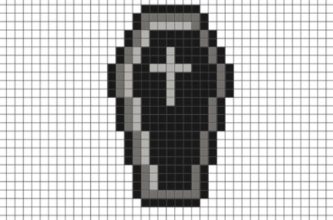 Acnh Coffin Design, Pixelated Art Easy, Coffin Cross Stitch, Coffin Pixel Art, Grim Reaper Pixel Art, Pixel Halloween Art, 8 Bit Pixel Art Pattern, Bat Pixel Art, Scary Pixel Art