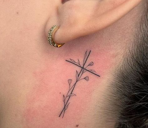 Cross tattoo behind ear. Cross With Vines And Flowers Tattoo, Behind Ear Tats Cross, Crosses Behind Ear Tattoo, Behind The Ear Tattoo Ideas Christian, Behind The Ear Tattoo Ideas Cross, Cross Tattoos For Women Behind The Ear, Small Cross Tattoo Behind Ear, Cross Behind The Ear Tattoo, Cross Ear Tattoo