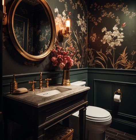 Speakeasy Powder Room, Modern Victorian Powder Room, Moody Entry Way, Moody Half Bathroom Ideas, Moody Bathroom Wallpaper, Small Moody Bathroom, Moody Powder Room, Luxury Bathroom Inspiration, Moody Bathroom