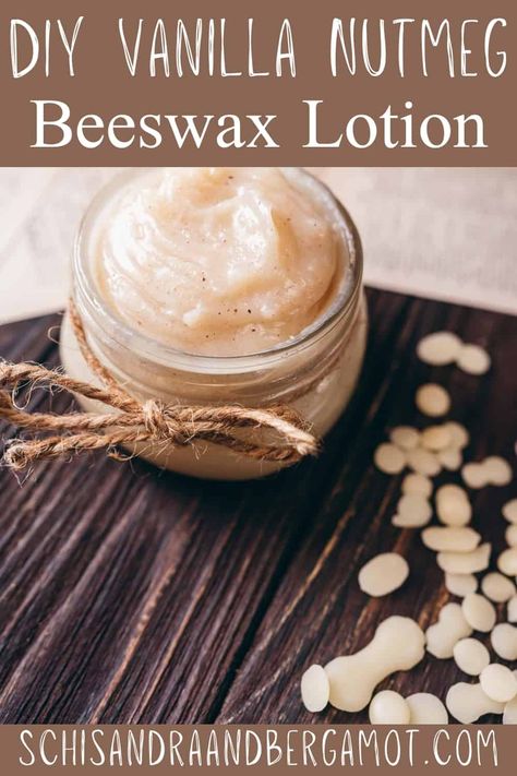 Soothe your skin and calm your senses with this DIY beeswax lotion! Made with only five, all-natural ingredients, this creamy homemade lotion recipe nourishes your skin and your senses with the calming aroma of vanilla and nutmeg. Hand Lotion Recipe, Diy Lotion Recipe, Body Lotion Recipes, Beeswax Lotion, Beeswax Recipes, Diy Body Lotion, Homemade Lotion Recipe, Homemade Body Lotion, Diy Vanilla