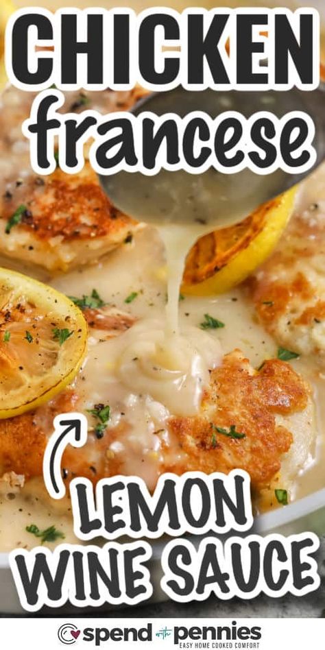 Chicken Francese is the perfect way to bring a taste of Italy to your dinner table! Tender chicken cutlets are coated in a Parmesan-lemon egg wash, then browned and simmered in a luscious lemon, garlic, and white wine sauce. This dish is both elegant and simple, making it ideal for weeknight dinners or special occasions. Serve it with your favorite sides for a meal everyone will love! #spendwithpennies Lemon Wine Sauce, Chicken Franchise, Easy Homemade Lasagna, Lemon Wine, Chicken Francese, Chicken Cutlet Recipes, Cut Recipe, Homemade Lasagna, Meatless Main Dishes