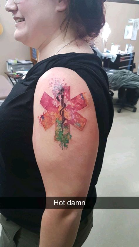 Water colour star of life. Paramedic tattoo. so others may live Ems Star Of Life Tattoo, Star Of Life Tattoo Ems, So Others May Live Tattoo, Ems Tattoos Female, Emt Tattoo For Women, Star Of Life Tattoo, Emt Tattoos, Asclepius Tattoo, Paramedic Tattoo