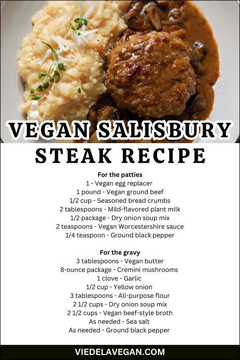 Vegan Salisbury Steak Recipe Vegan Salisbury Steak Beyond Meat, Plant Based Steak Recipes, Vegan Meat Recipes Plant Based, Vegan Salisbury Steak, Veg Meatballs, Vegan Steak Recipe, Vegan Groceries, Comfort Pasta Dishes, Vegan Meat Recipe