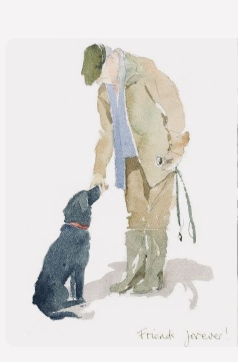 Watercolor People Simple, Watercolour Greeting Cards, Man And His Dog, Dog Design Art, Human Painting, Dog Watercolor Painting, Abstract Figure Art, Dog Portraits Art, Human Figure Sketches