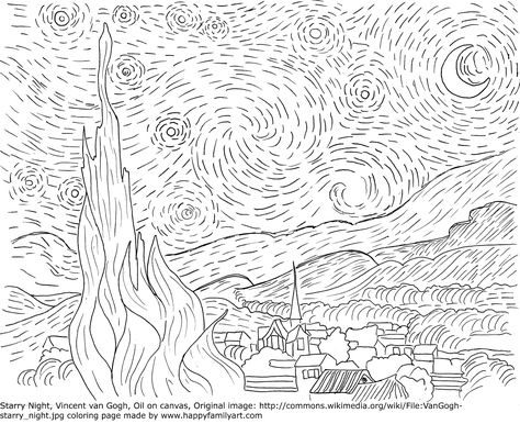 Starry Night Coloring Page, Famous Art Coloring, Van Gogh Coloring, فنسنت فان جوخ, Gogh The Starry Night, Starry Night Art, Coloring Pages Inspirational, Paintings Famous, Arte Van Gogh