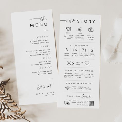 ✨ Ensure your guests feel the love and excitement throughout the wedding reception with our customizable 'Infographic Let's Eat Menu' place setting with QR code template. Use Templett to customize with your own text and special details, and add your own QR code. ✨ ------------------------------------------------------------------------------ **Please note this is a digital product - nothing physical will be shipped to you. Once you have placed your order you will receive a link to edit your temp Fun Wedding Menu Design, Wedding Digital Products, Wedding Menu Cards Place Settings, Table Names Wedding Ideas, Menu Place Setting, Wedding Menu Table, Wedding Fun Facts, Love Qr Code, Wedding Buffet Menu