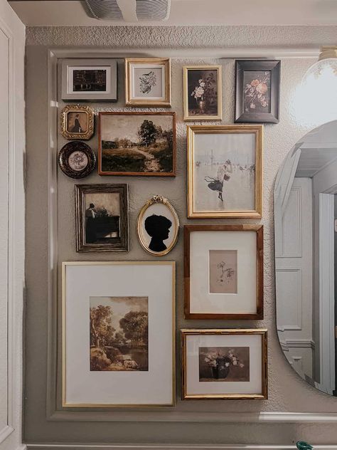 gallery wall in small powder room Family Picture Wall Ideas, Powder Room Art, Creative Family Pictures, Family Picture Wall, Room Under The Stairs, Picture Wall Ideas, Small Powder Room, Family Pictures On Wall, Diy Gallery Wall