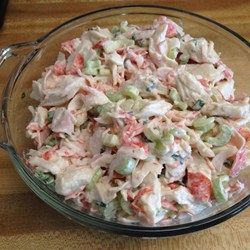 Imitation crab, celery, mayo, sour cream, onion, sugar, lemon, salt & pepper, maybe a little dill Side Appetizers, Seafood Salads, Crab Salad Recipe, Heavenly Recipes, Sea Food Salad Recipes, Shrimp Creole, Recipes Seafood, Seafood Recipe, Crab Salad