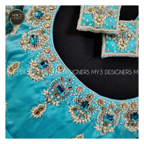 MY3's most loved 💕 Bridal work blouse🥻 👇 The Bridal Edit - Lovely Blue 💙 pattu work blouse, exquisitely adorned with intricate ⚜️💮 Dazzling Stone motifs maggam work. The design features detailed craftsmanship🧶🪡, embellished🧵 with zari, zardosi, cut dana, sugar beads, frame kundhans, pearl and Jarkan with customised square pillow tassels 💥 . The fine detailing and pure workmanship ✨ highlight the blouse's rich and elegancy 🪅🌟 👇 MODEL NO : 117 👇 Blouse can be customised✔️ in any colour and mode... Pearl Work Maggam Blouses, Work Maggam Blouses, Pearl Maggam Work Blouse Designs, Pearl Maggam Work, Pillow Tassels, Maggam Blouses, Sugar Beads, Pearl Work, Maggam Work Blouses