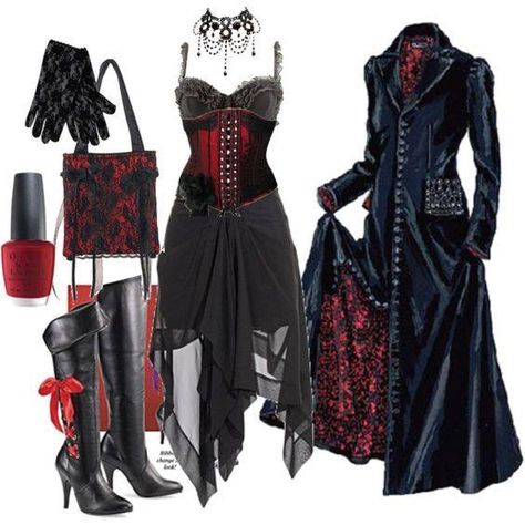 I own something close to goth Halloween category,but this here is just easier to become a goth goddess of a few pieces.To put together an outfit that can be something themed for Halloween,for a woman to party in on October 31,I just suck.So this is just a look a like if my dress that's Lacey black on red and goth,but I'll never succeed if I even have supplies and separates. Vampire Gothic Outfits, Vampire Outfit Female, Moda Steampunk, Gothic Clothes, Gothic Outfits, Goth Outfits, Gothic Style, Steampunk Fashion, Edgy Outfits