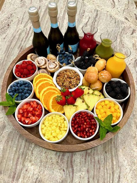 Mimosa Board - The BakerMama Fruit In Wine Glasses, Breakfast Theme, Raspberry Granola, Champagne Cheers, Mini Cinnamon Rolls, Birthday Party Snacks, Charcuterie Inspiration, Wine Tasting Party, Shower Stuff