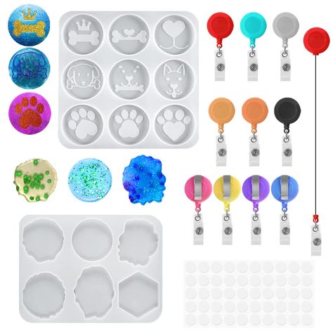 PRICES MAY VARY. PACKAGE INCLUDES: You will get 2 silicone molds, 10 retractable badge reels, 50 pieces of 20mm transparent double-sided circular adhesive tape. Enough quantity and variety to meet your needs. MULTIPLE COLORS AND STYLES: There are 15 cavities in the two types of silicone molds. Each cavity has a different pattern. You have 15 choices. 10 retractable badge clips, the colors are random, you will get different surprises, and you can choose a variety of colors at will. SIZE: 2 types How To Make Badge Reels, How To Make Badges, Badge Reels Diy, Double Sided Adhesive Tape, Casting Resin Molds, Epoxy Resin Crafts, Diy Resin Art, Diy Resin Crafts, Casting Jewelry