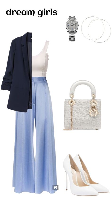 Light Blue And Navy Outfit Women, Luxury Blue Tops For Office Wear, Luxury Blue Business Casual Pants, Light Blue Dress Pants Outfit, Light Blue Wide-leg Pants For Work, Powder Blue Pants Outfit, Baby Blue Pants Outfit, Baby Blue Top Outfit, Elegant Blue Wide-leg Dress Pants