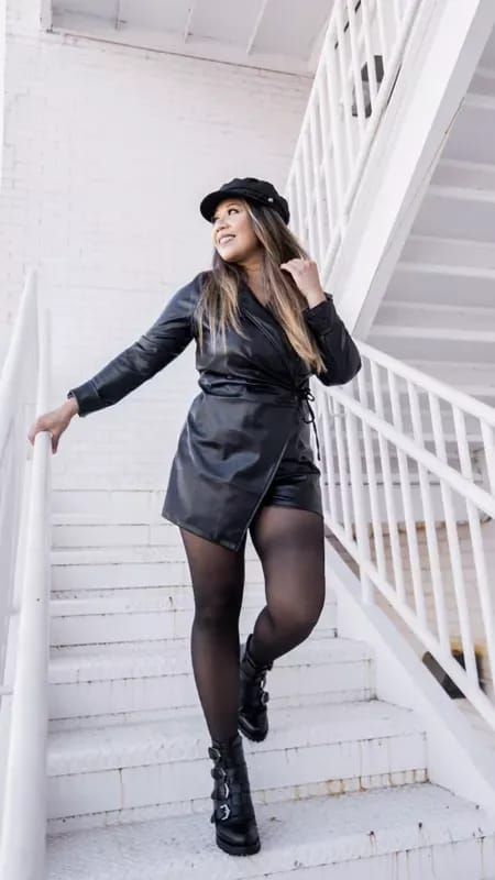 faux leather romper with black booties and fisherman's cap. pair with heels, boots, or booties. #LTKstyletip #LTKunder100 #LTKGiftGuide Romper With Boots, Semi Formal Wedding Attire, Shop Reception, Leather Romper, Formal Romper, Faux Leather Outfits, Fall Ootd, Fisherman's Hat, Women's Jewelry And Accessories