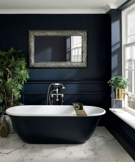 Nevada House, Bright Room Colors, Dark Blue Bathrooms, Best Wall Colors, Navy Blue Bathrooms, Modern Paint Colors, Serene Bathroom, Colors Combinations, Bathroom Retreat