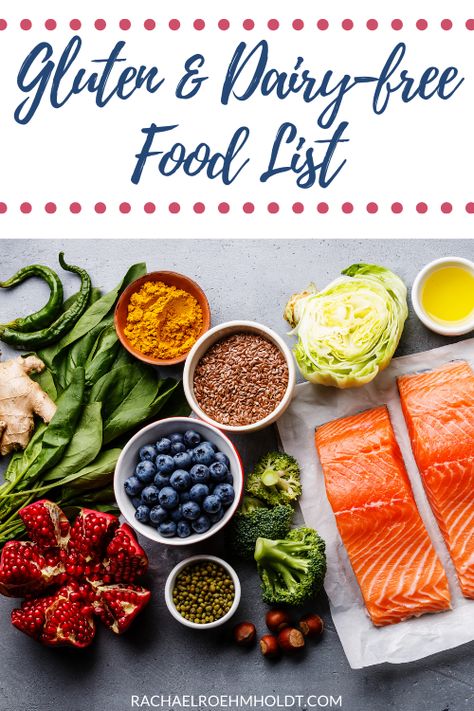 Gluten-free Dairy-free Food List + Free PDF Gluten Free Dairy Free Food List, Dairy Free Food List, Sugar Free Food List, No Dairy Diet, Whole Foods List, Gluten Free Grocery List, Gluten Free Food List, Dairy Free Protein, Soy Free Dairy Free