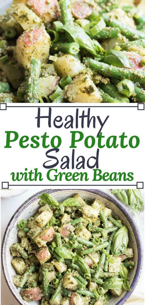 A bright and healthy side dish bursting with summer flavor. Almond pesto potato salad with green beans is easy to make and loaded with good for you ingredients, the perfect alternative to a mayonnaise-based potato salad. Potato Salad | Healthy Potato Salad | Pesto Potato Salad | Mayonaisse Free Potato Salad| Gluten Free | Summer Side Dish | #Healthyrecipe #potatosalad #pesto #glutenfree  via @abrapappa Potato Salad With Green Beans, Pesto Potato Salad, Healthy Lunch Salad, Almond Pesto, Healthy Pesto, Creamy Potatoes, Pesto Potatoes, Potato Salad Healthy, Healthy Side Dish