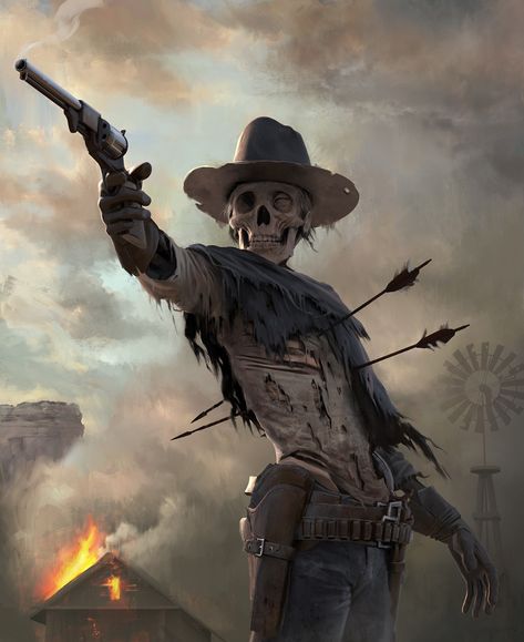 Western Gunslinger Art, Indian Skull Tattoos, Cowboy Draw, Cowboy Tattoos, Western Artwork, Western Tattoos, Arte Peculiar, Skeleton Tattoos, Theme Tattoo