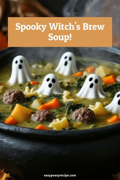 A Halloween-themed soup with ghost-shaped decorations floating in a hearty mixture of vegetables and meatballs. Halloween Themed Soup, Soups For Halloween, Spooky Soup Recipes, Halloween Soups Ideas, Crock Pot Halloween Recipes, Halloween Soups And Stews, Halloween Soup Recipes, Halloween Soup Ideas, Gothic Treats