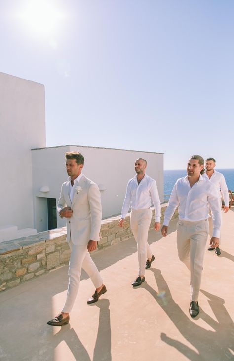 Groomsmen Attire Beach Wedding, Beach Wedding Men, Beach Wedding Style, Men In White, Beach Wedding Groom, Beach Wedding Suits, Wedding Groomsmen Attire, Groom And Groomsmen Suits, Dream Beach Wedding