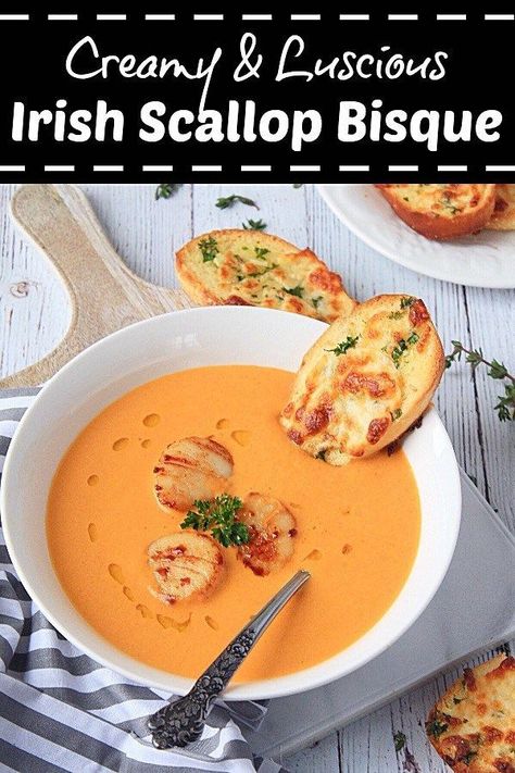 Scallop Bisque, Comfort Soups, Seafood Scallops, Cozy Date Night, Favorite Soups, Date Night Dinner, Bisque Recipe, Lobster Bisque, Cheesy Garlic Bread