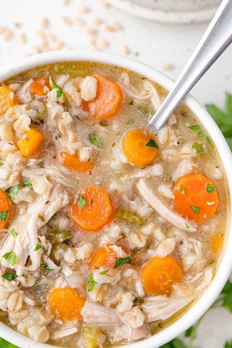 Chicken Barley Soup Recipe - Rachel Cooks® Chicken Barley Soup Recipe, Chicken Kale Soup, Chicken Barley, Chicken Barley Soup, Barley Soup Recipe, Chicken Kale, Barley Recipe, Creamy Chicken Enchiladas, Beef Stew Crockpot