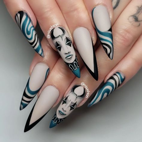 Wednesday And Enid Nail Art, Wednesday Addams Nails Nailart, Halloween Nail Designs 2022, Halloween Nails 2022 Color Trends, Halloween Nail Designs 2022 Acrylic, Carnival Nails, Mardi Gras Nails, Pattern Nails, Bright Nail Art