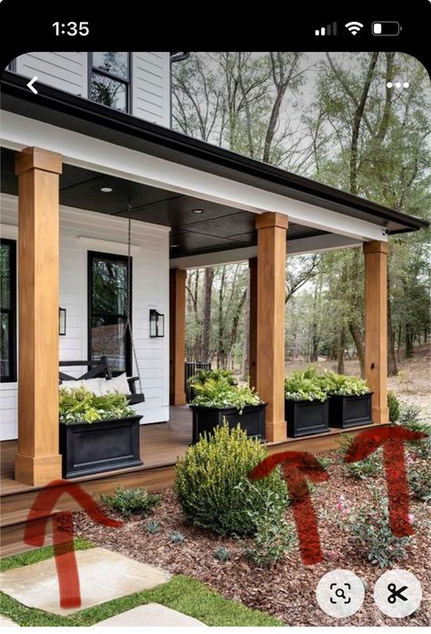 White House Black Trim Cedar Accents, Hgtv Smart Home 2022, Bbq Shelter, Exterior Updates, Farmhouse Exteriors, Brain Storm, Front Porch Makeover, House Front Porch, Porch Remodel