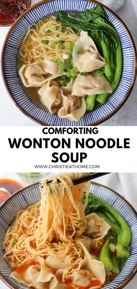 Wonton Noodle Soup. Bouncy egg noodles in a homemade wonton soup with the best homemade wontons! Mi Wonton Noodle Soups, Easy Wonton Noodle Soup Recipe, Wonton Soup Slow Cooker, Win Ton Soup, Wonton And Noodle Soup, Wonton Egg Noodle Soup, Wonton Chicken Soup, Chicken And Wonton Soup, Chicken Wonton Noodle Soup