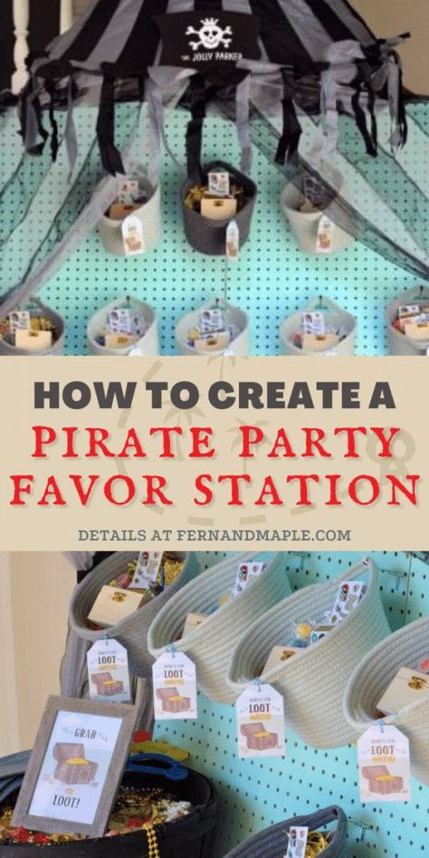 Create a DIY "Treasure Cove" Favor Station filled with loot for the perfect Pirate-themed Party for kids with step-by-step instructions! Get details and more Pirate Party inspiration now at fernandmaple.com. Pirate Loot Bags, Pirate Theme Party Favors, Pirate Birthday Party Favors, Pirate Bottles Diy, Pirate Birthday Favors, Diy Pirate Party, Mickey Pirate Party, Favor Station, Pirate Favors