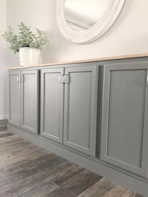 Stock Kitchen Cabinets Into Dining Room Buffet | Hometalk Kitchen Cabinets Into Dining Room, Farmhouse Dark, Diy Buffet, Dining Room Built In, Built In Buffet, Stock Kitchen Cabinets, Upper Kitchen Cabinets, Stock Cabinets, Diy Dining